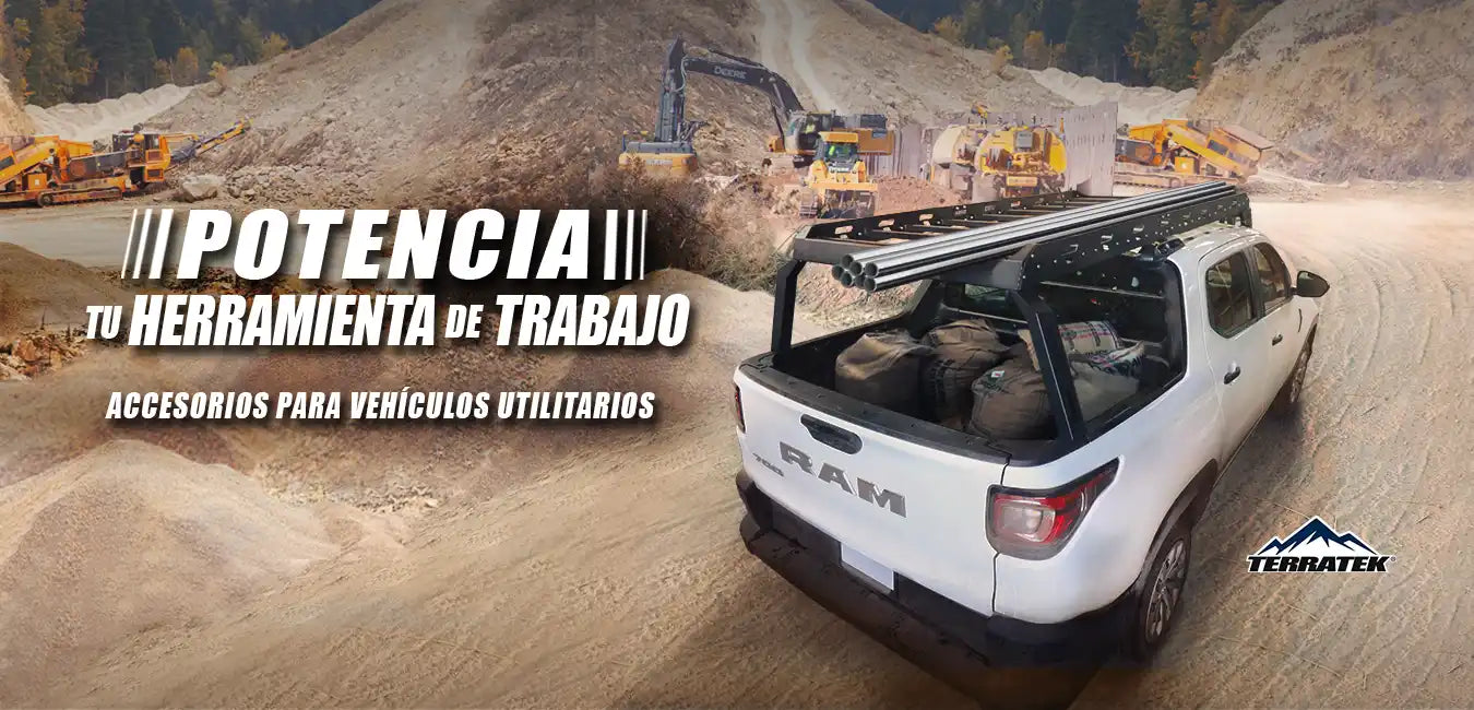 Camioneta pickup blanca con sistema de riel en la caja y carga.