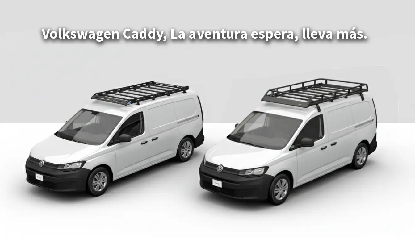 Furgonetas Volkswagen Caddy blancas con portaequipajes negros en el techo.